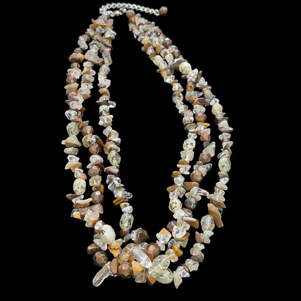 Women's Necklace Real Stone Chips Tigers Eye, Quarts Brown Clear 3 Strand